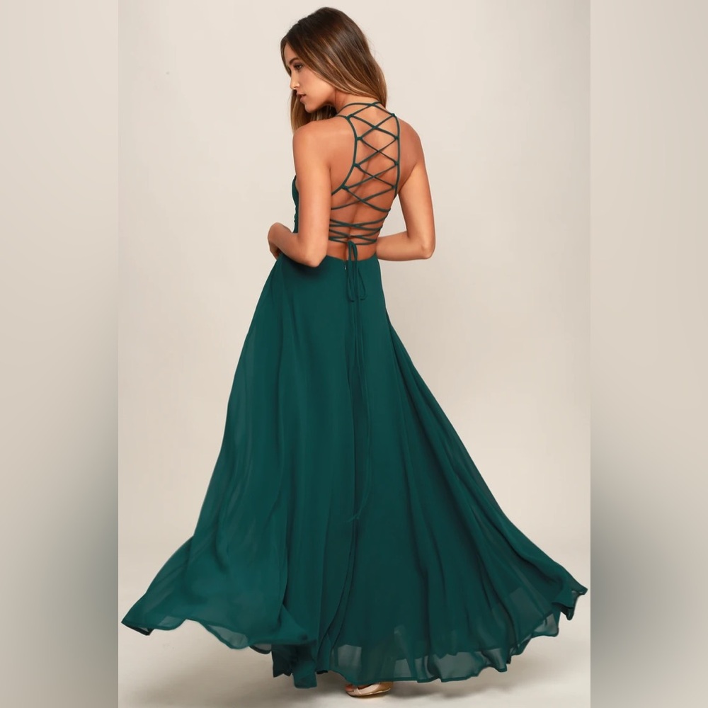 lulus Strappy To Be Here Forest Green Lace-Up Maxi Dress size large